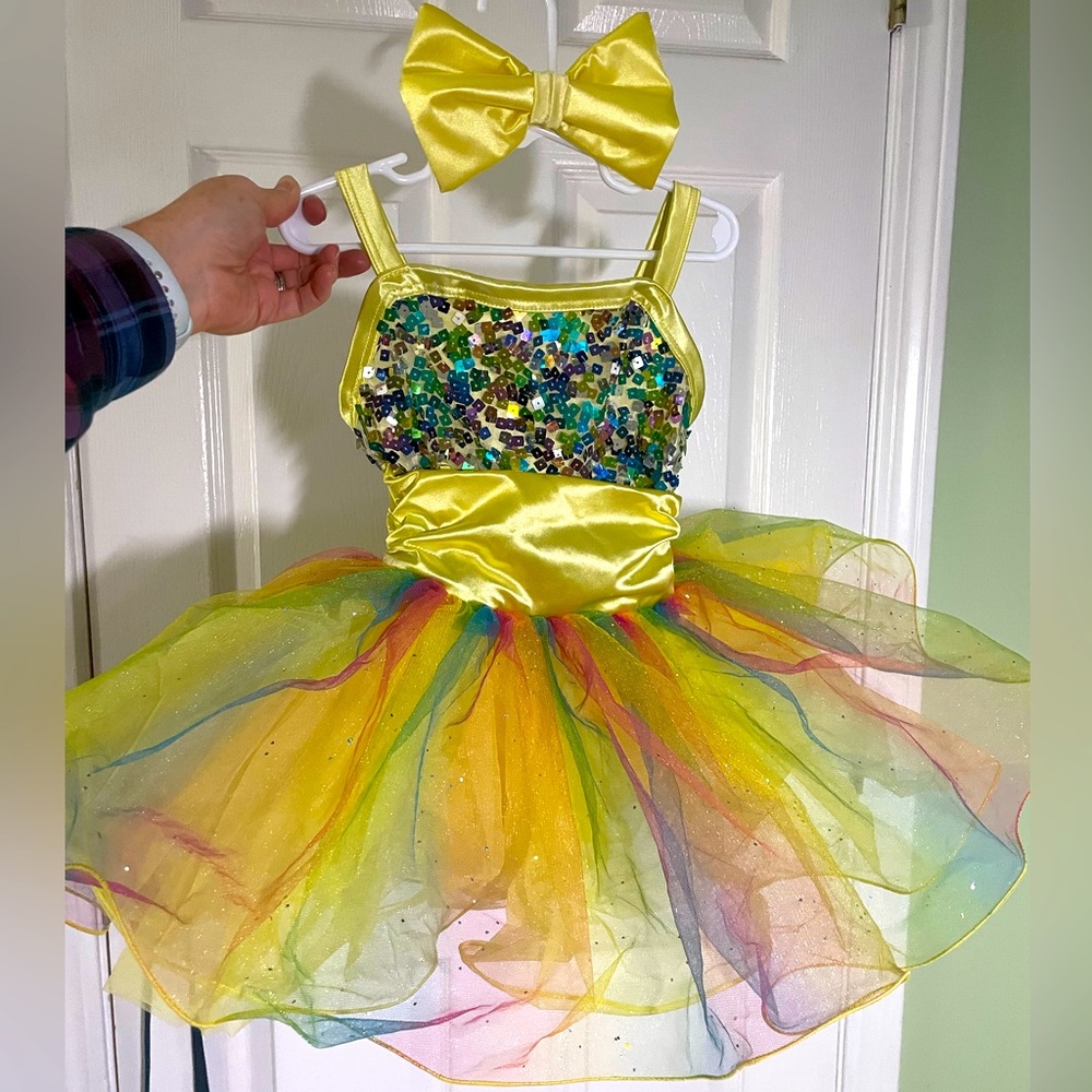Weissman Yellow and rainbow dance costume with matching bow size SC